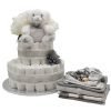 Silver Lining nappy cake arranged in soft neutral tones, featuring neatly folded nappies and baby essentials styled as an elegant unisex baby shower gift display