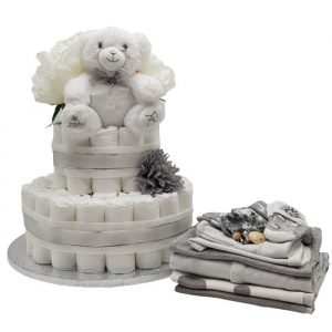 Silver Lining nappy cake arranged in soft neutral tones, featuring neatly folded nappies and baby essentials styled as an elegant unisex baby shower gift display