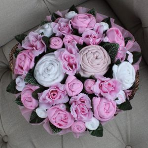 Twins luxury bouquet pink baby clothes gift arranged as flowers for newborn twins