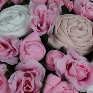 Twins luxury bouquet pink baby gift with clothes arranged as flowers in basket