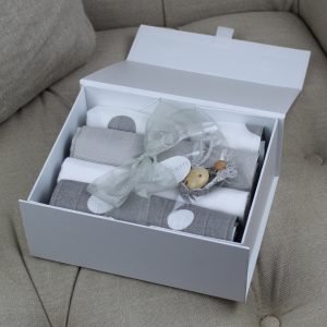 Grey Muslins Gift Box - A smart white box packed with 4 muslins and a hand crochet dummy chain finished with a hand tied ribbon bow.